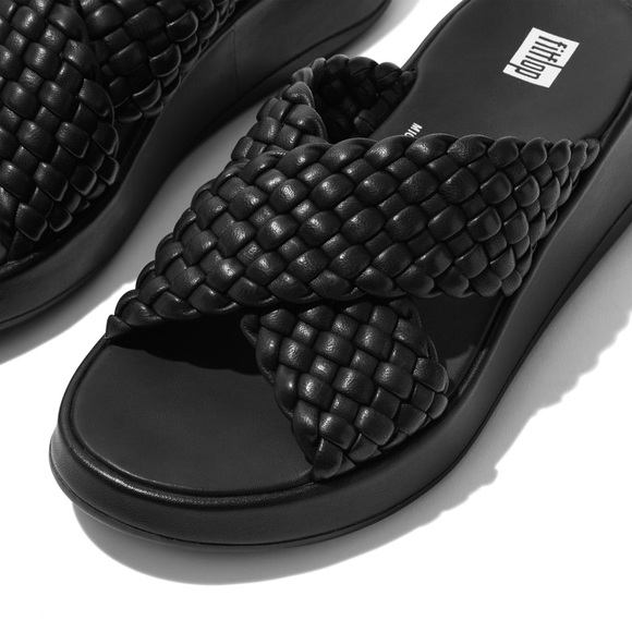 Fitflop F-MODE Black Woven Leather Flatform Cross Slides Chunky Lightweight 6 - Picture 1 of 11